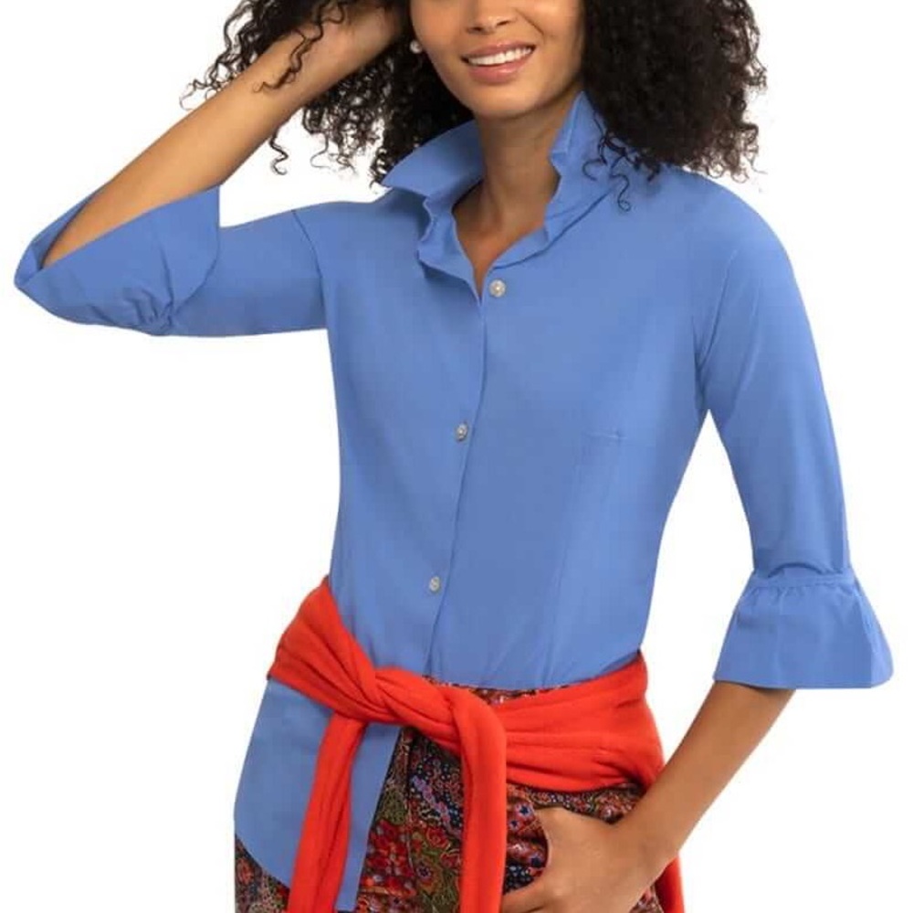 Gretchen Scott Designs Blue Button Down Shirt with Ruffle Sleeves